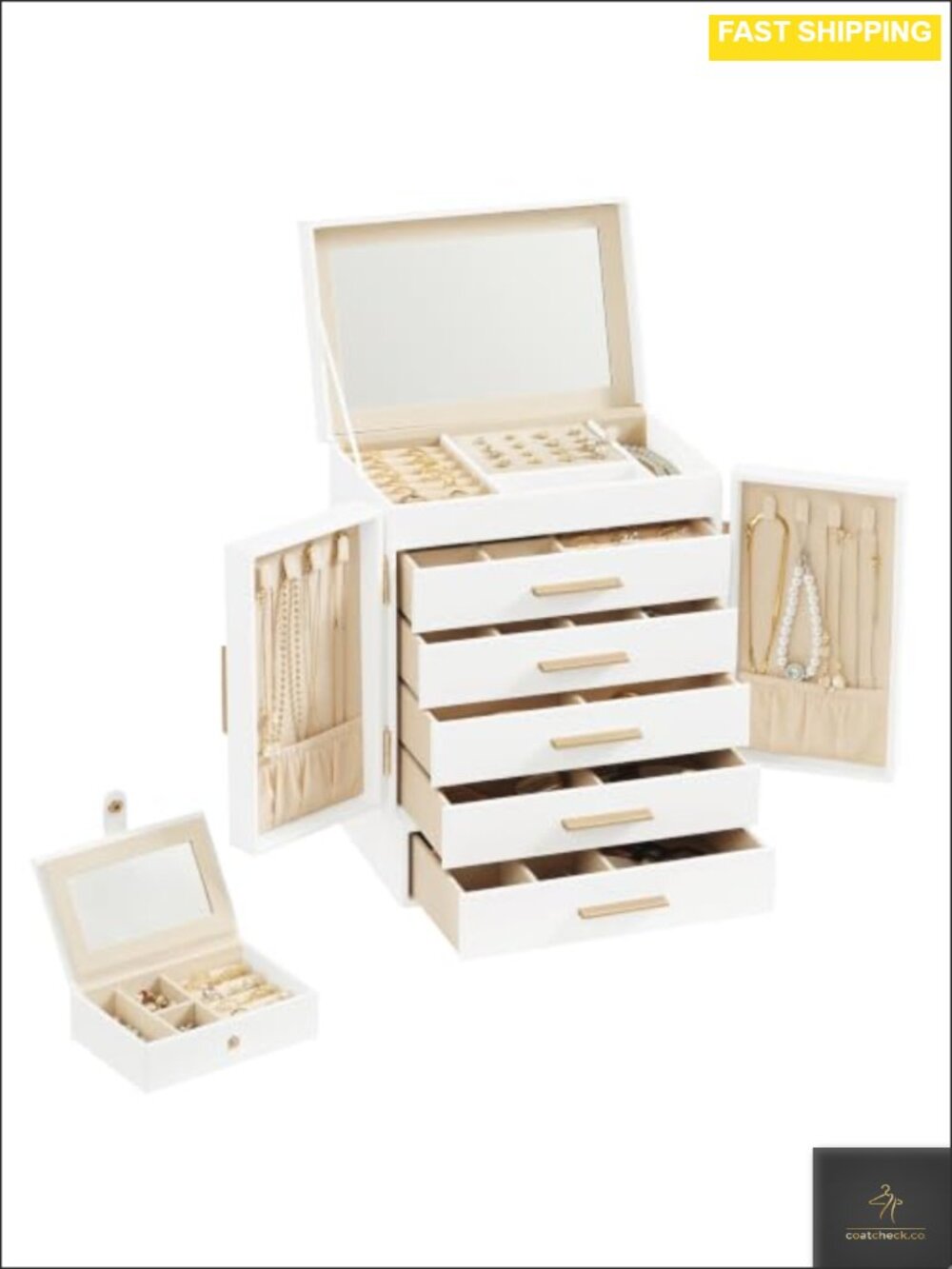 Large Jewelry Box Organizer with Mirror 5 Drawers Travel Case